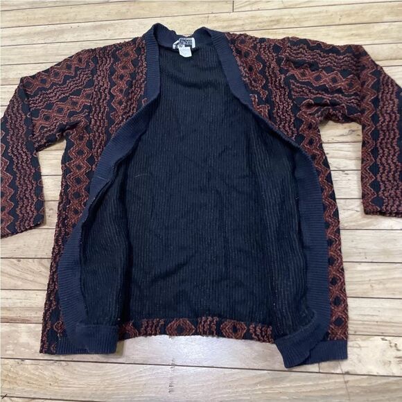 Vintage MIMOSA USA Open Cardigan Chunk Knit Brown Black Rayon Blend Gran Retro L - Picture 11 of 16